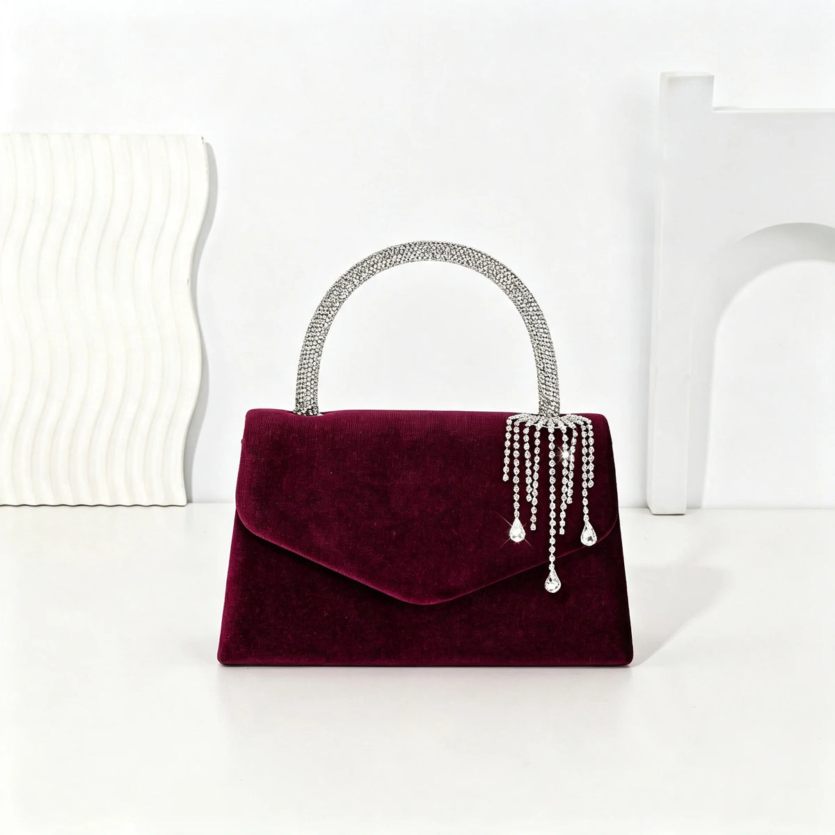 Vellorabags™ Women Velvet Evening Handbag Rhinestone Tassel Pendant Top Handle Purse Envelope Clutch Wedding Prom Party Shoulder Crossbody Bag