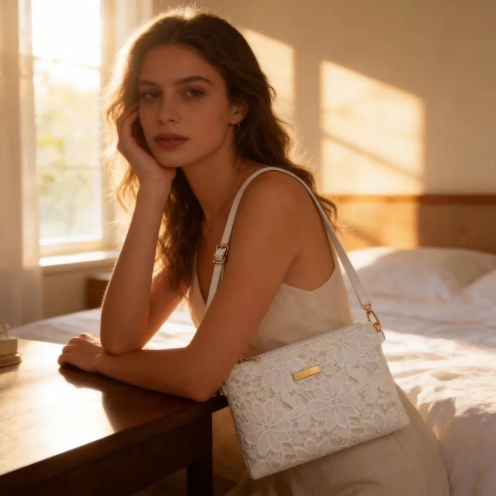 Vellorabags™ Casual Lace Shoulder Bag Floral Printed Hollow Crossbody Bag Soft Small Square Bag Tote Purse Handbag