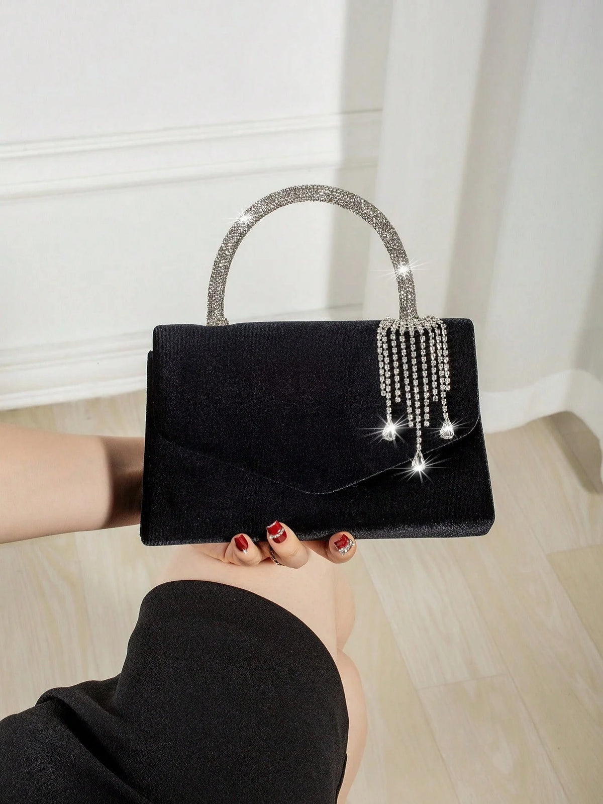 Vellorabags™ Women Velvet Evening Handbag Rhinestone Tassel Pendant Top Handle Purse Envelope Clutch Wedding Prom Party Shoulder Crossbody Bag