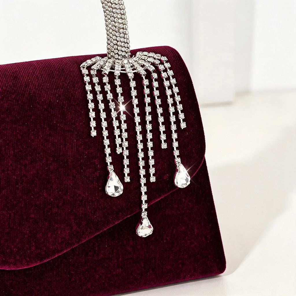 Vellorabags™ Women Velvet Evening Handbag Rhinestone Tassel Pendant Top Handle Purse Envelope Clutch Wedding Prom Party Shoulder Crossbody Bag