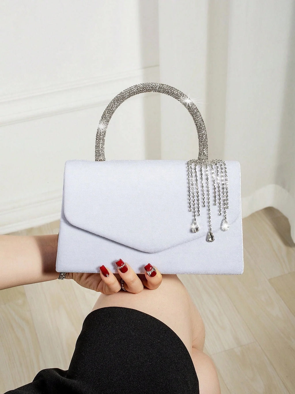 Vellorabags™ Women Velvet Evening Handbag Rhinestone Tassel Pendant Top Handle Purse Envelope Clutch Wedding Prom Party Shoulder Crossbody Bag