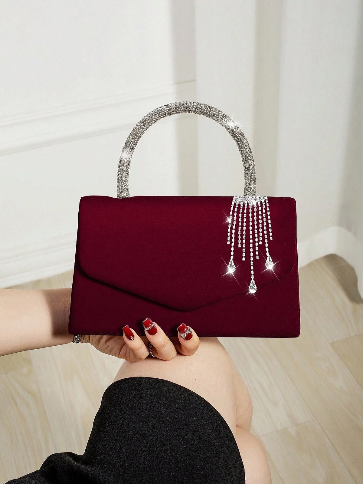 Vellorabags™ Women Velvet Evening Handbag Rhinestone Tassel Pendant Top Handle Purse Envelope Clutch Wedding Prom Party Shoulder Crossbody Bag