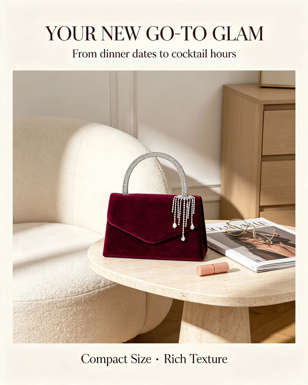 Vellorabags™ Women Velvet Evening Handbag Rhinestone Tassel Pendant Top Handle Purse Envelope Clutch Wedding Prom Party Shoulder Crossbody Bag