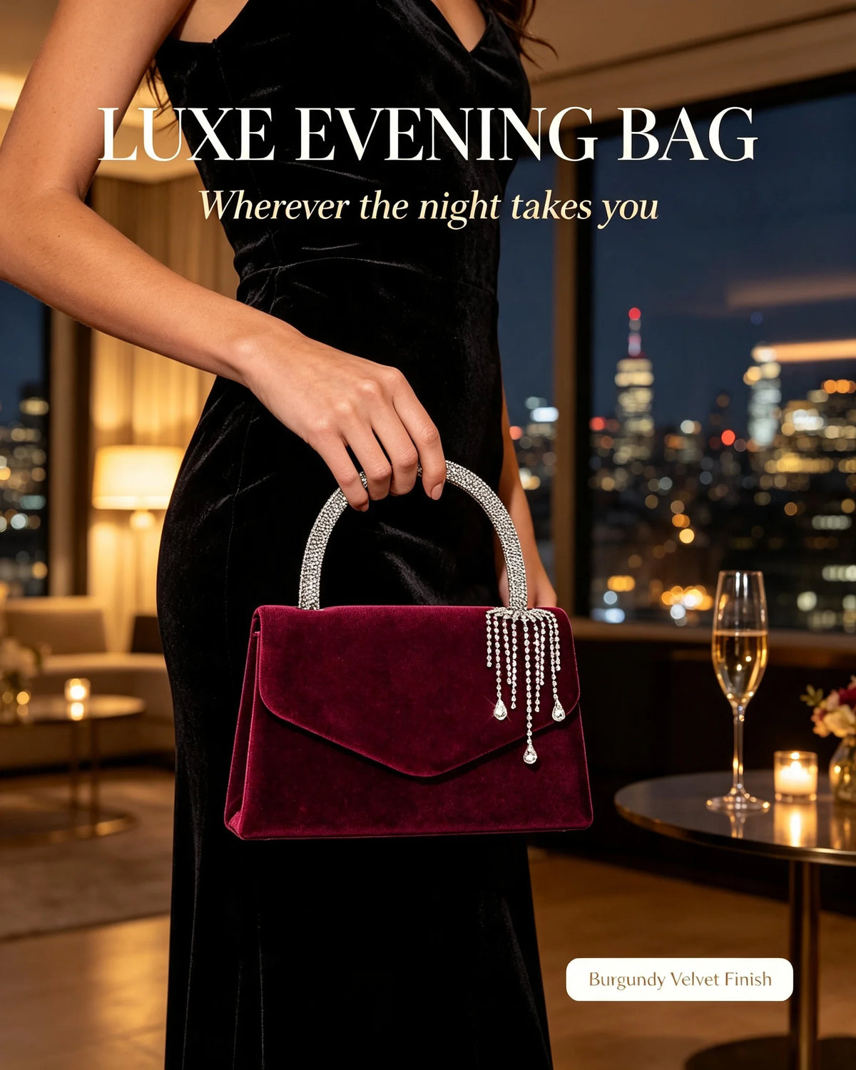 Vellorabags™ Women Velvet Evening Handbag Rhinestone Tassel Pendant Top Handle Purse Envelope Clutch Wedding Prom Party Shoulder Crossbody Bag